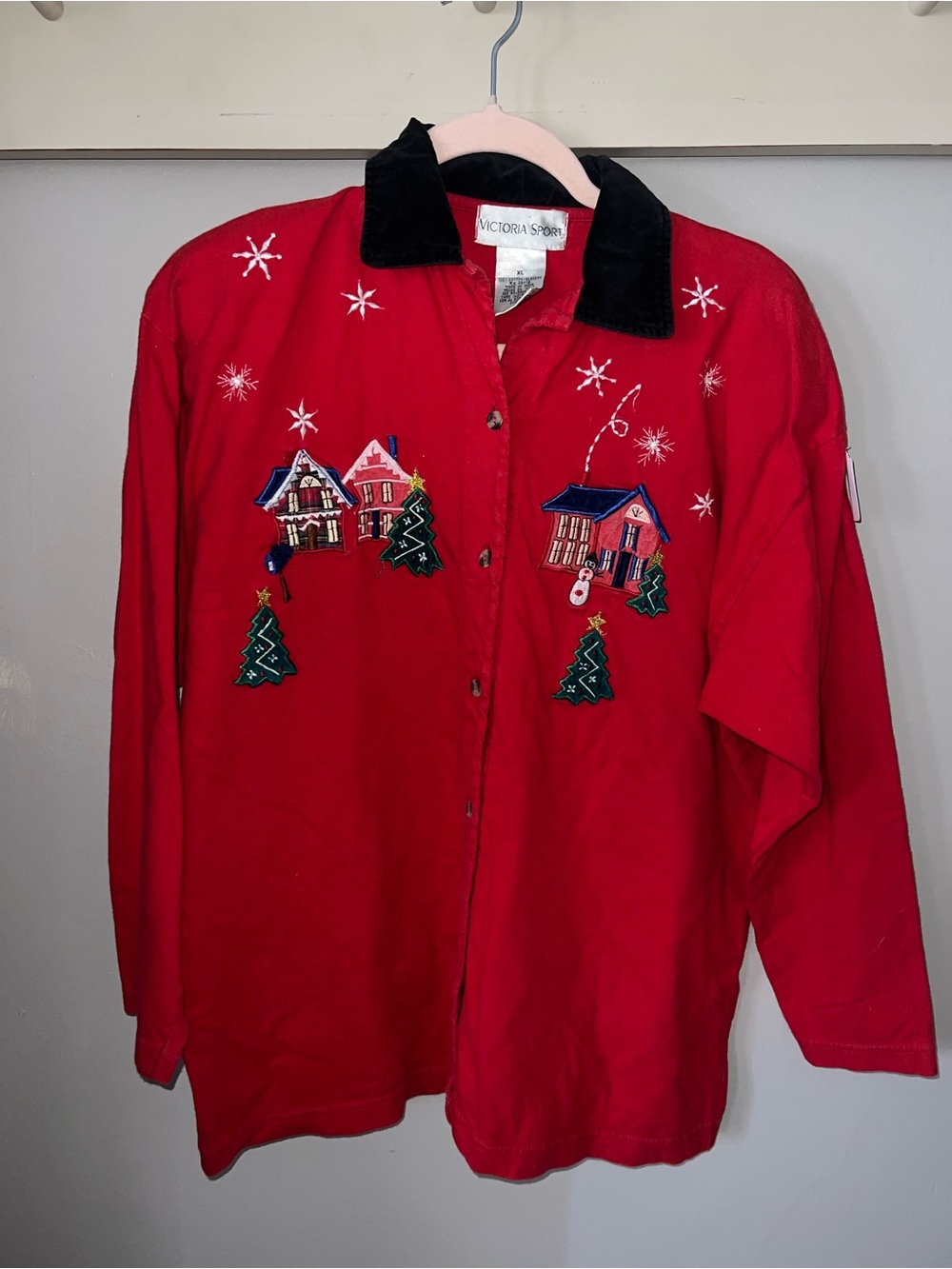 Victoria Sport Red Holiday Embroidered Button-Up Shirt